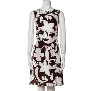 Tory Burch Silk Dress Size 10 Brown White Bold Floral A-Line Top Stitching